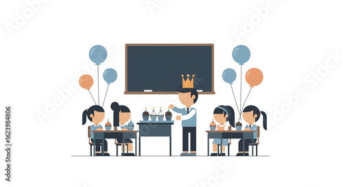 Elementary School Students Celebrating a Birthday Party With Cupcakes and Balloons