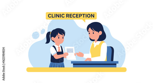 Child Receives Document From Clinic Receptionist For Medical Examination