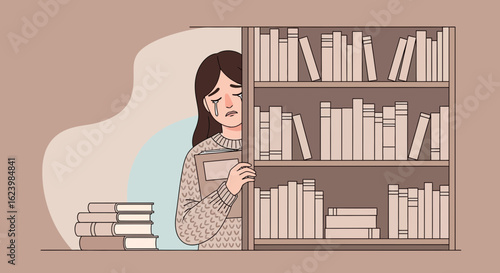 Emotional Girl Hiding Behind Bookshelf With Tears Streaming Down Her Face