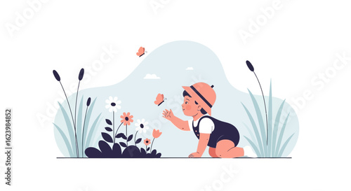 Childhood Memories Little Baby Crawling Reaching For Butterfly In A Garden