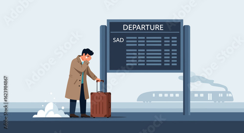 Emotional Goodbye Sad Man Leaving on Train Platform with Suitcase