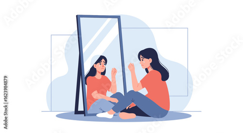Emotional Reflection Girl Confronting Herself In Mirror About Personal Problems