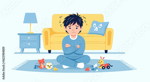 Childish Melancholy A Young Boy Depressed Surrounded By Scattered Toys