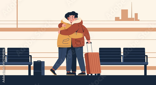 Emotional Reunion At The Airport Terminal Scene With Passengers Hugging Each Other