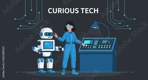 Engineer And A Robot Working Together In A Futuristic Laboratory