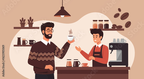 Coffee Shop Scene With Friendly Barista Serving A Customer
