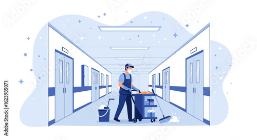Cleaning Staff Maintains Hygiene At Medical Center Illustration Design