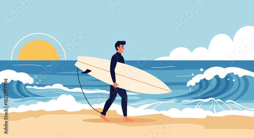Enjoying The Ocean Breeze Surfer Walking On Sandy Beach Carrying Surfboard