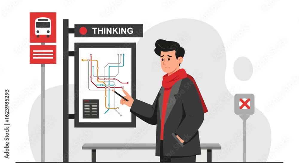 Fototapeta premium Confused Commuter Figuring out Subway Routes at a Bus Stop Pointing a Subway Map