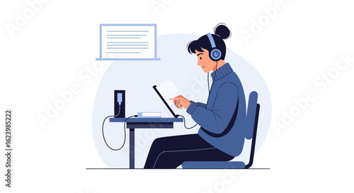 Concentrated Young Woman Studying With Laptop And Headphones At Home