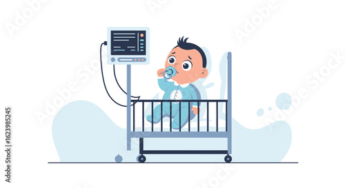 Concerned Infant Receives Medical Attention In Hospital Crib Near Monitor