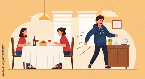 Conflict At Dinner Table Angered Man Leaving Two Angry Women Behind Him