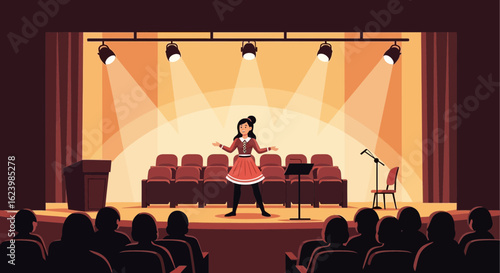 Confident Young Woman Presenting on Stage with Bright Spotlights And Audience
