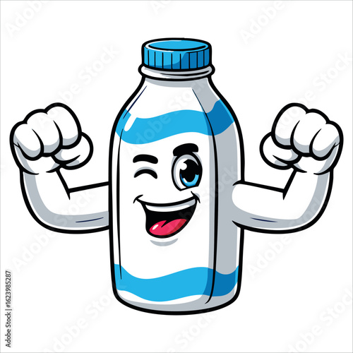 Winking milk bottle character showing muscle arms isolated on white. Vector illustration perfect for dairy, health, fitness, and fun product promotion themes.
