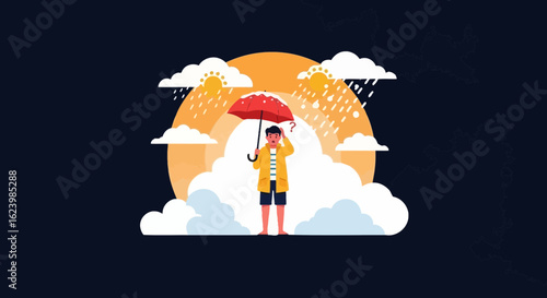 Confused Man Under Umbrella In The Middle Of Rain And Sun Weather Concept