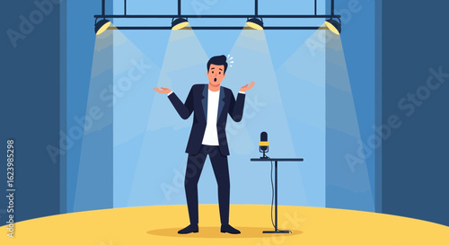 Confused Comedian On Stage Under Spotlights Delivering Poor Performance