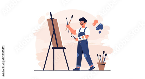 Enthusiastic Young Painter Creating Artwork at Canvas on Bright Background