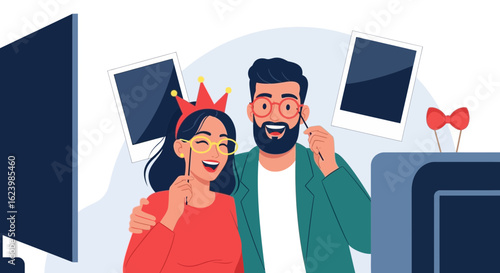 Couple Having Fun Using Photo Booth Props In Online Virtual Celebration