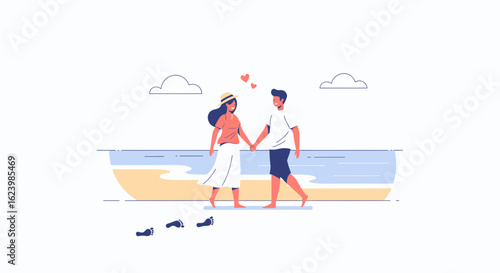 Couple In Love Walking On The Beach Illustration With Footprints