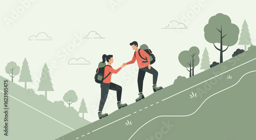 Couple Hiking Together In Mountainous Landscape With Help And Assistance Concept