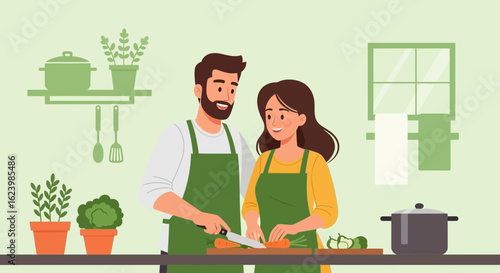 Couple Preparing Vegetarian Meal Together At Home In Kitchen Vector Illustration