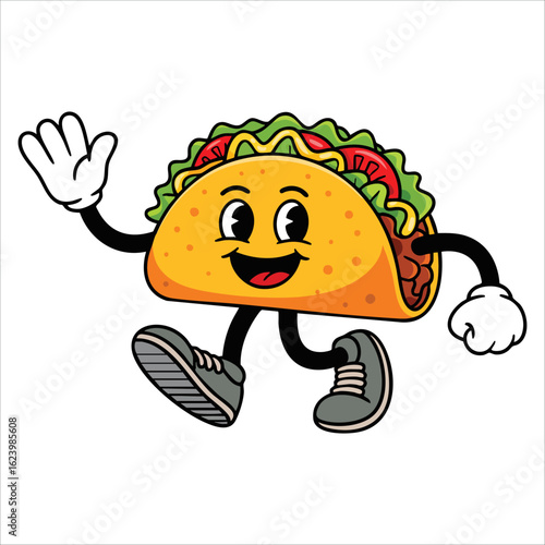 Walking taco casually cartoon mascot illustration character vector clip art hand drawn style perfect for casual food themed and fun character designs.