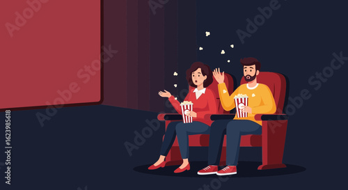 Excited Couple Watching A Movie In The Cinema With Popcorns
