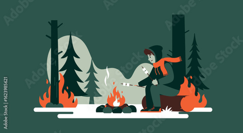 Cozy Outdoor Adventure Man Roasting Marshmallows Around Campfire In Forest