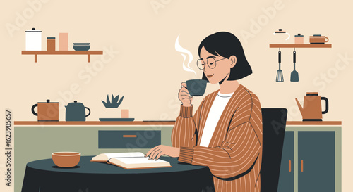 Cozy Reading Moment Enjoying Hot Drink In Relaxed Kitchen Interior Scene