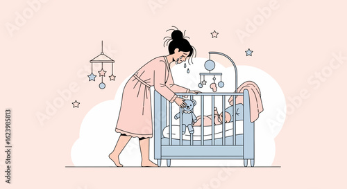 Exhausted Mother Looking At Her Sleeping Baby Experiencing Postpartum Emotions