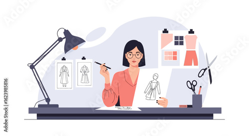 Creative Fashion Designer Working In Her Atelier On New Fashion Designs