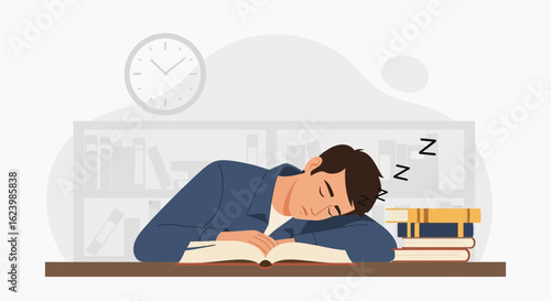 Exhausted Student Asleep After Overworked Study Session in Library