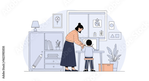 Creative Home Schooling Young Boy Drawing At A Computer With Mother Assistance