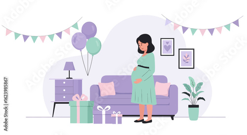 Expectant Mother Celebrating At Home With Gifts And Balloons Decoration