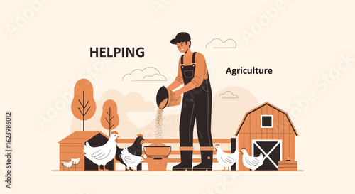 Farmer Feeding Chickens On A Rural Landscape With Barn And Farmhouse