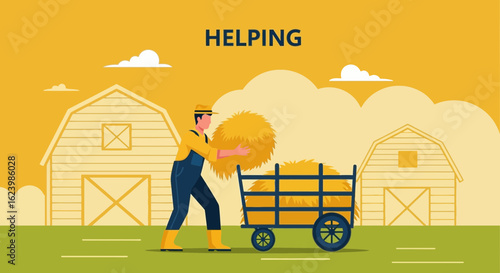 Farmer Loading Hay Into Cart At Barn Rural Agricultural Harvesting Concept