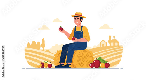 Farmer Relaxing On Hay Bale With Fresh Harvest Of Ripe Fruit