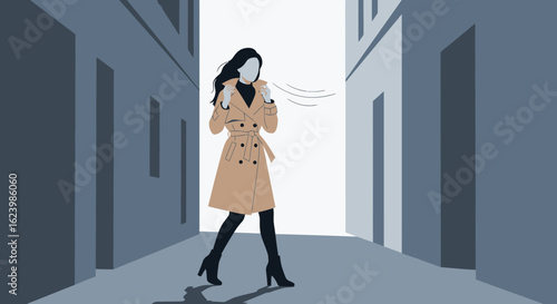 Fashionable Woman In Trench Coat Against Cityscape Backdrop In Windy Weather