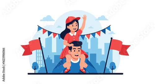 Father And Daughter Celebrating National Holiday Or City Event Outdoors