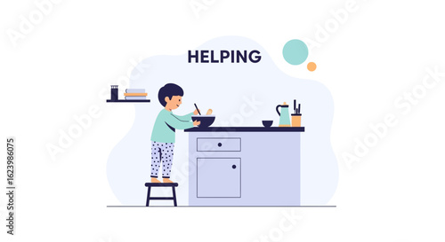 Cute Boy Helping in The Kitchen Preparing Food on a Stool Illustration