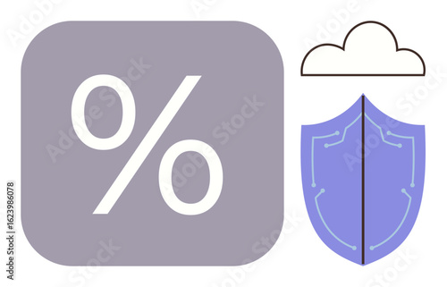 Percentage symbol in a square, cloud, and shield with circuit pattern. Ideal for finance, savings, data protection, insurance, cybersecurity cloud security and technology. Modern simple flat