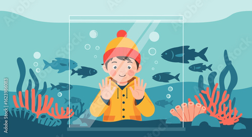 Curious Kid Enjoys Watching Sea Life At The Underwater Aquarium Exhibit