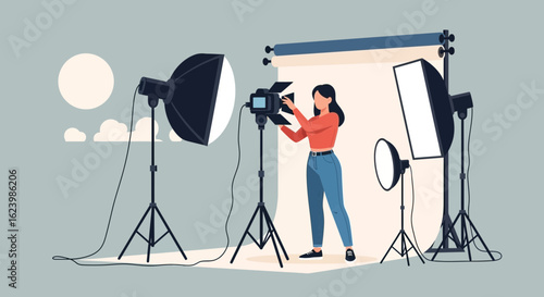 Female Photographer Adjusting Studio Lighting For Professional Photoshoot Scene
