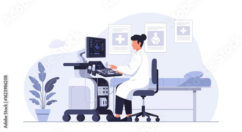 Female Physician Performing Ultrasound Scan in a Medical Office Clinic