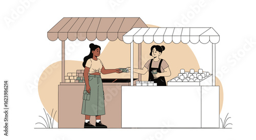 Female Paying Cash At A Local Outdoor Farmers Style Market Illustration