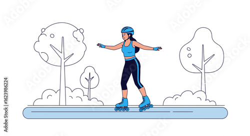 Female Rollerblader Enjoying An Outdoor Adventure In A Park Setting Illustration