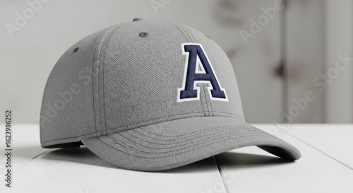 Gray Baseball Cap with Dark Blue Letter on White Wood Surface