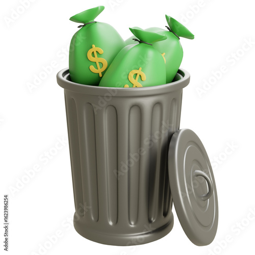 Trash can with green money bags inside, symbolizing discarded savings or careless financial decisions, isolated on white background.

