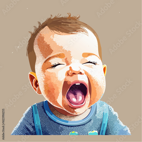 a stippling vector close-up of a caucasian infant yawning with ultra-fine micro dots on face and mouth, detailed baby expression
