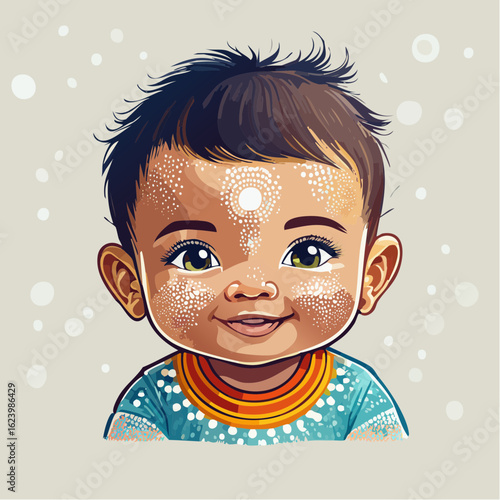 a stippling vector portrait of an indigenous baby with chubby cheeks, using micro dots for facial texture and soft shading